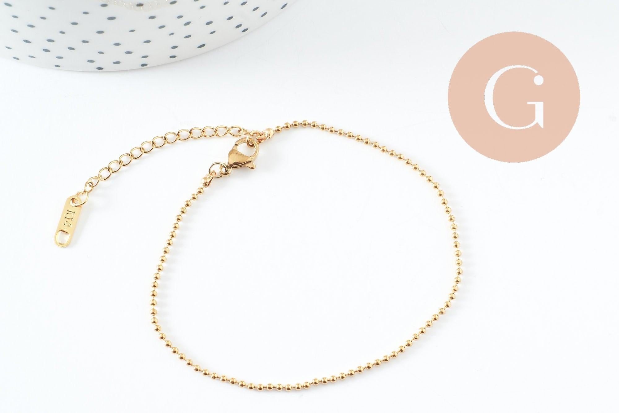 Bracelet réglable maille boule acier 304 inoxydable PVD doré 18.5cm, x1 (G9988)