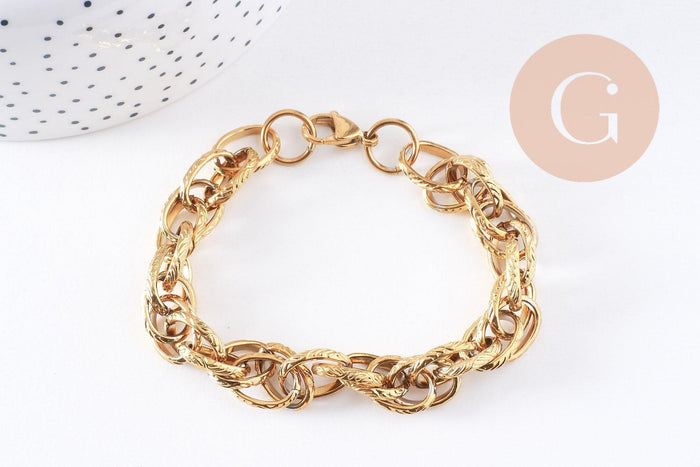 Bracelet très grosse maille acier 304 inoxydable doré IP 14k 20.5cm, x1 (G4197)