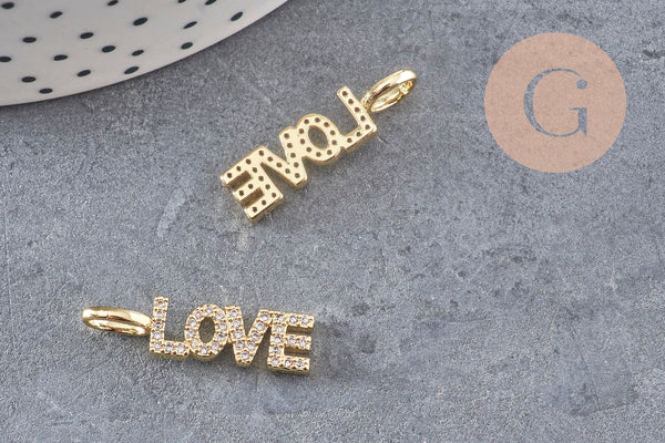 Breloque LOVE laiton doré 18k cristal 24mm,x1 (G3033)