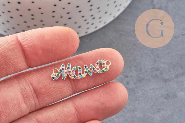 Breloque Mama laiton doré 18k cristal coloré,sans nickel,pendentif amour, Pendentif zircon,30mm x1 (G3475)