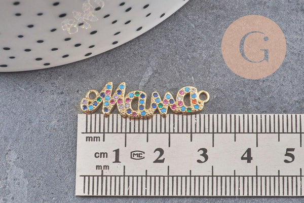 Breloque Mama laiton doré 18k cristal coloré,sans nickel,pendentif amour, Pendentif zircon,30mm x1 (G3475)