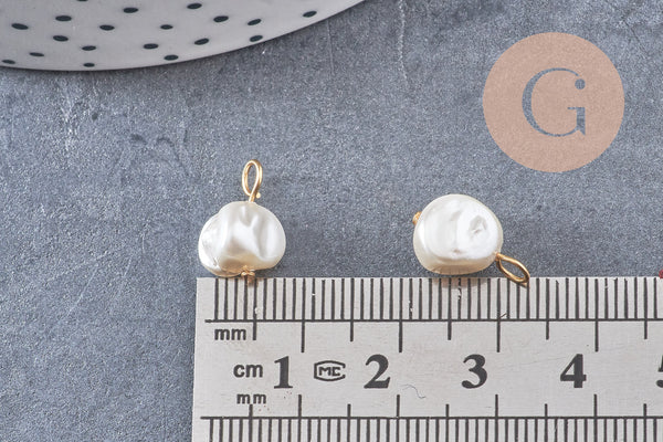 Breloque Perle coquillage naturel blanc acier 304 inoxydable doré 14mm, x1 (G10874)