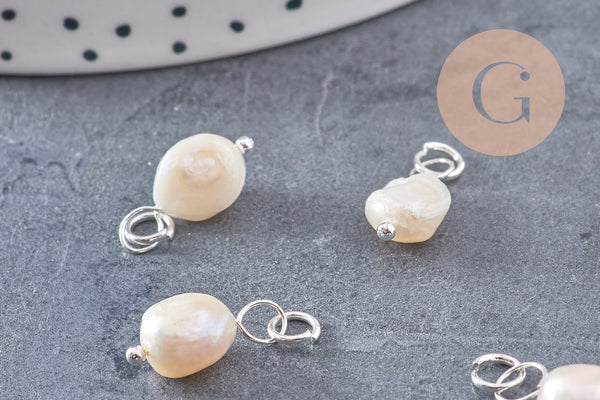 Breloque Perle d'eau douce naturelle blanche acier 304 inoxydable platine 15mm, x1 (G10875)