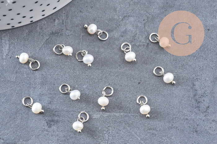 Breloque Perle d'eau douce naturelle blanche acier 304 inoxydable platine 8.5mm, x1 (G10901)