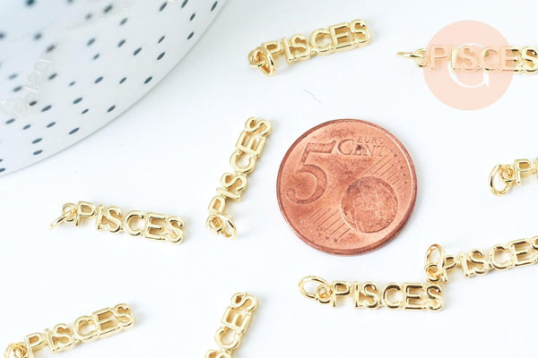 Breloque Poissons astrologique laiton doré 18k cristal 19mm, x1 (G6048)