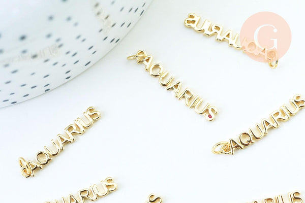 Breloque Verseau laiton doré 18k,sans nickel,création bijoux astrologique, pendentif horoscope,25.5mm, x1 (G6044)