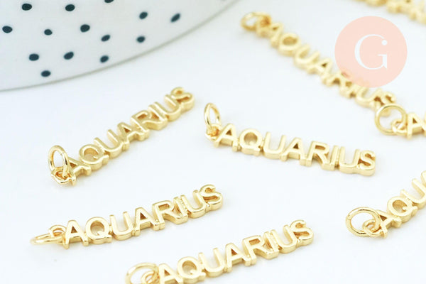 Breloque Verseau laiton doré 18k,sans nickel,création bijoux astrologique, pendentif horoscope,25.5mm, x1 (G6044)