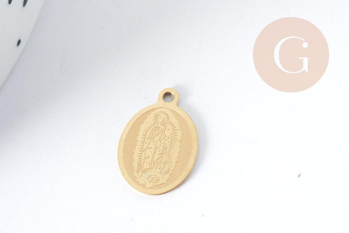 Breloque Vierge Marie ovale acier 304 inoxydable doré IP 16mm, x1 (G8993)