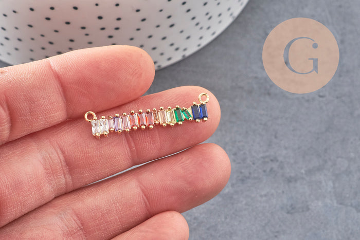 Breloque barre laiton doré 18k cristal,sans nickel,croix bijoux,pendentif amour, Pendentif zircon coloré,36mm x1 (G3482)