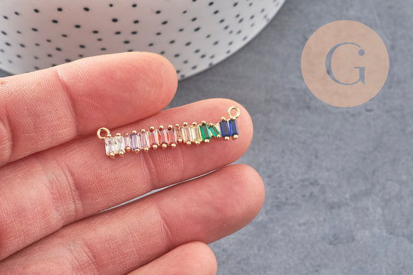 Breloque barre laiton doré 18k cristal,sans nickel,croix bijoux,pendentif amour, Pendentif zircon coloré,36mm x1 (G3482)