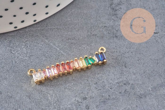 Breloque barre laiton doré 18k cristal,sans nickel,croix bijoux,pendentif amour, Pendentif zircon coloré,36mm x1 (G3482)