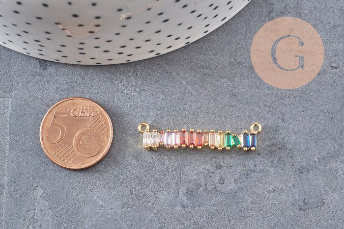 Breloque barre laiton doré 18k cristal,sans nickel,croix bijoux,pendentif amour, Pendentif zircon coloré,36mm x1 (G3482)