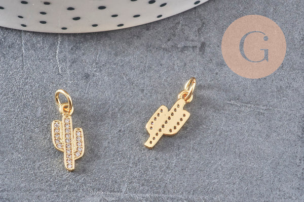 Breloque cactus laiton doré 18k cristal,sans nickel,western États-Unis,pendentif porte bonheur, Pendentif zircon,15mm x1 (G0484)