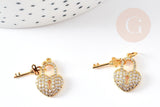 Breloque cadenas coeur laiton doré 18k cristal 17mm, x1 (G2729)
