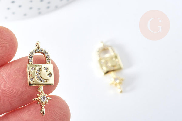 Breloque cadenas lune laiton doré 18k cristal 28mm, x1 (G2978)