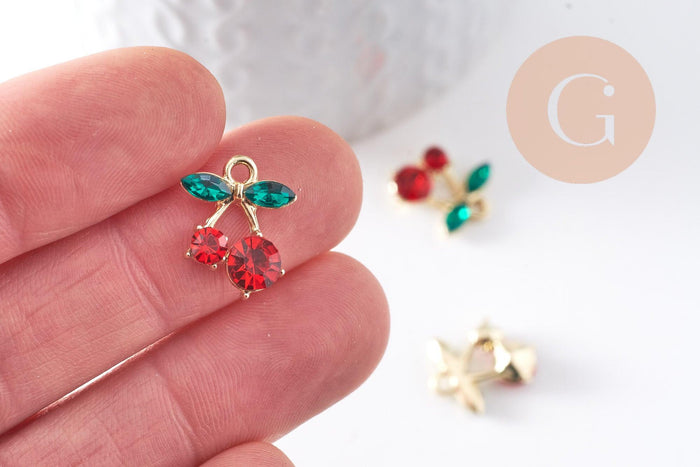 Breloque cerise zircons et zamac doré 16K, x2 (G10391)