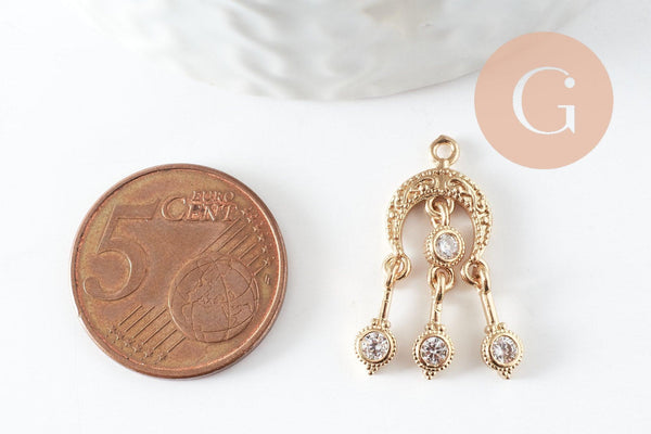 Breloque chandelier laiton doré 18k cristal,sans nickel,création boucles d'oreille zircon,25mm, x1 (G4220)