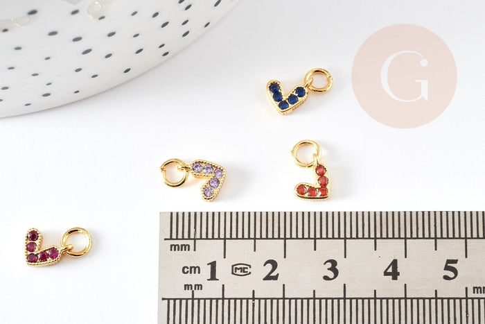 Breloque coeur zircons colorés laiton doré 18k 8mm, x1 (G3485)