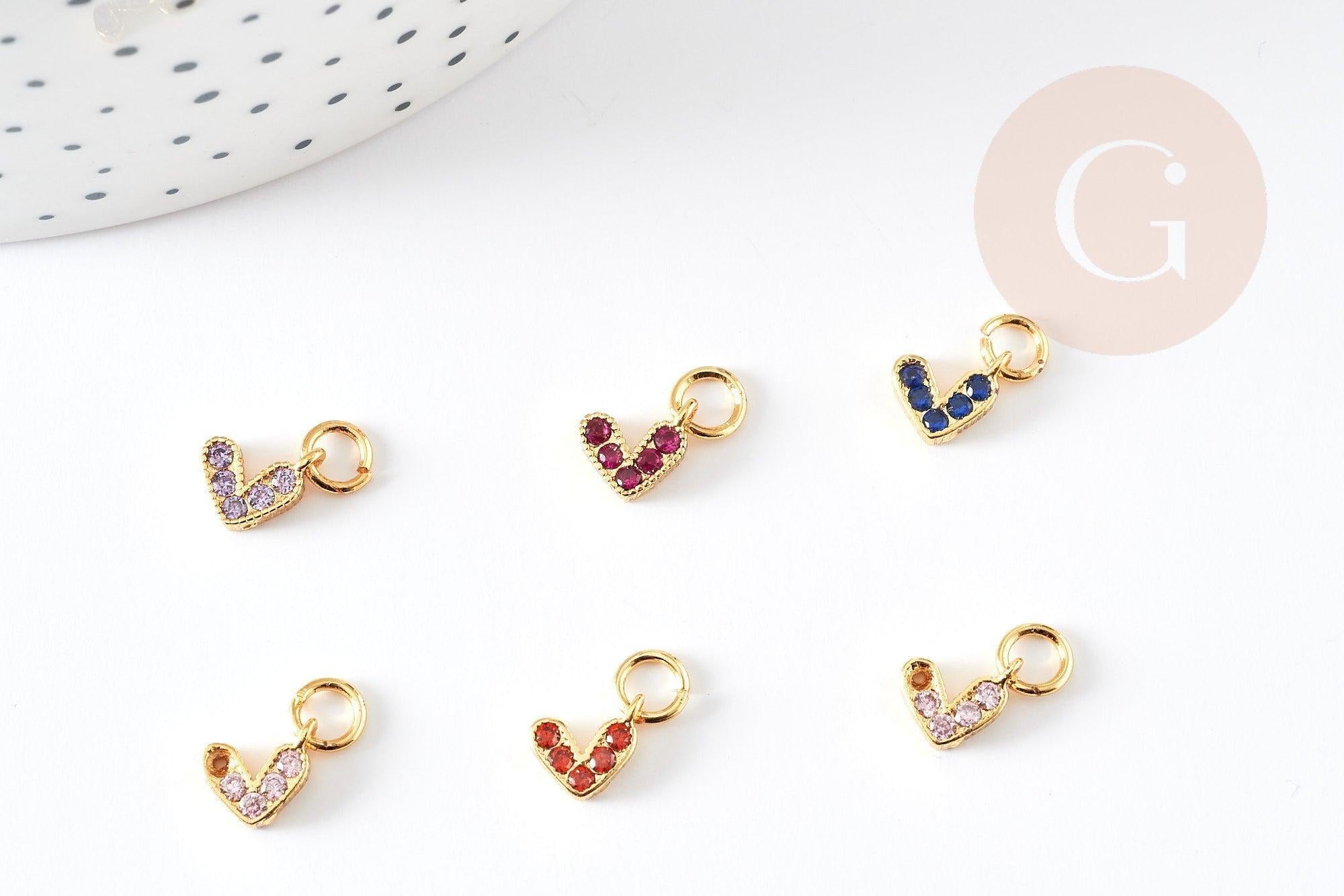 Breloque coeur zircons colorés laiton doré 18k 8mm, x1 (G3485)