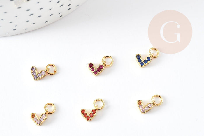 Breloque coeur zircons colorés laiton doré 18k 8mm, x1 (G3485)