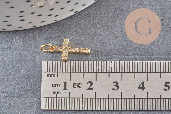 Breloque croix laiton doré 18k criStal,sans nickel,laiton brut,croix bijoux,pendentif religion, 16mm x1 (G0473)