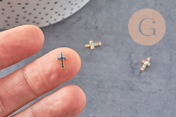 Breloque croix laiton doré 18k cristal 10mm,sans nickelcroix bijoux,pendentif religion, Pendentif zircon, x1 (G0474)