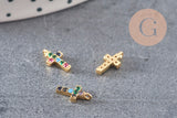 Breloque croix laiton doré 18k cristal 10mm,sans nickelcroix bijoux,pendentif religion, Pendentif zircon, x1 (G0474)