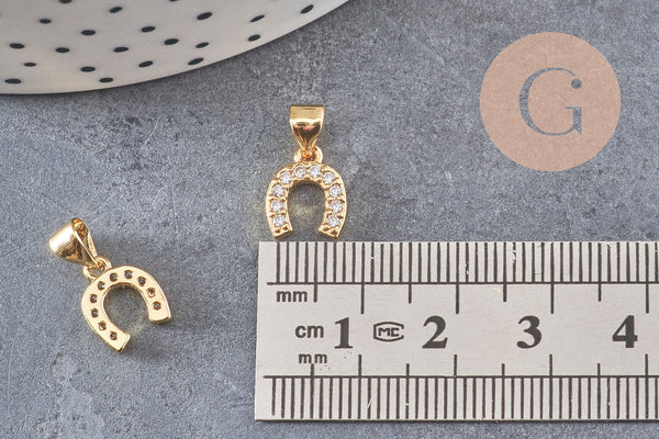 Breloque fer à cheval laiton doré 18k cristal,sans nickel,pendentif porte bonheur, Pendentif zircon,10mm, x1 (G0487)