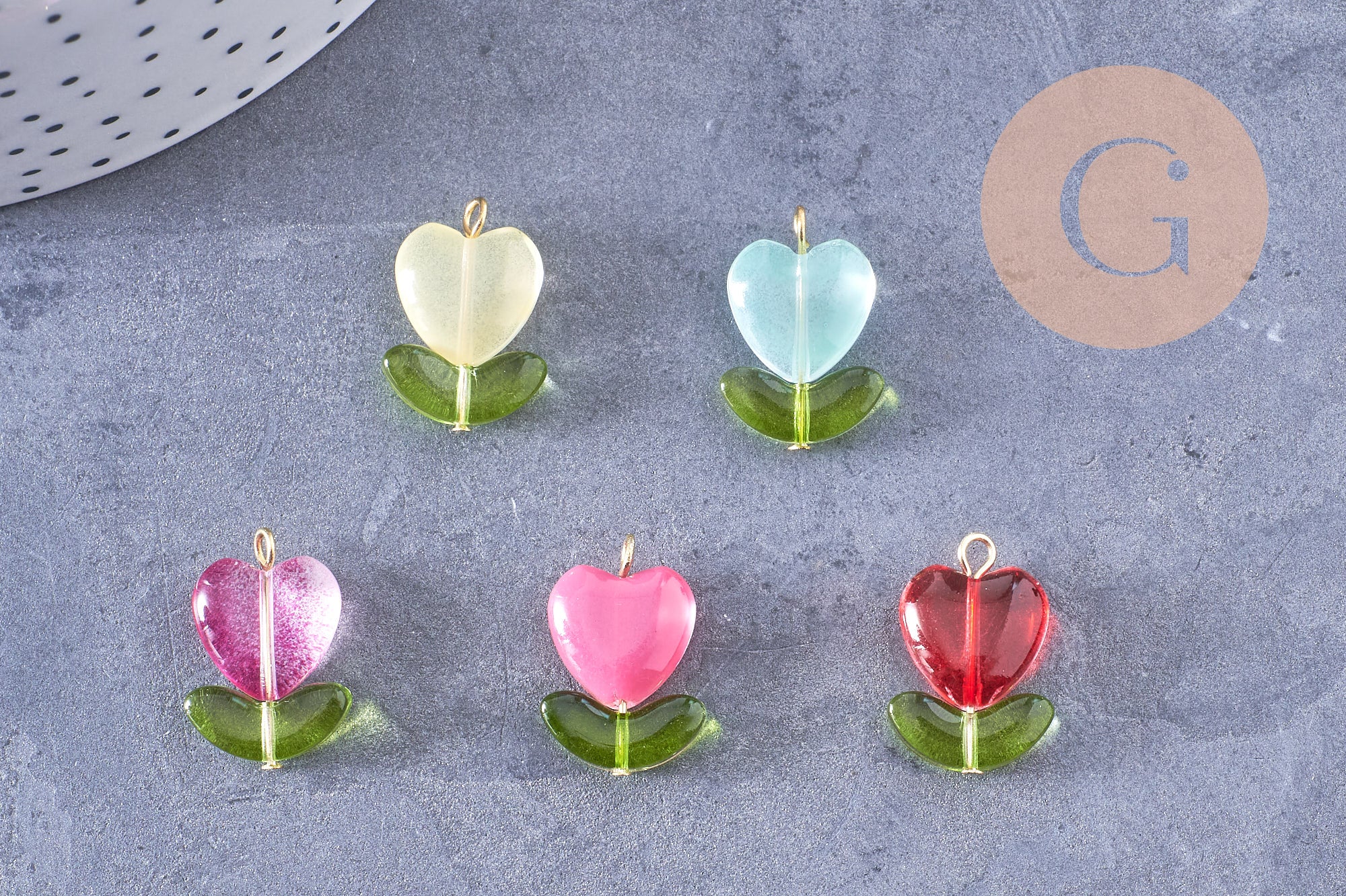 Breloque fleur tulipe coeur verre coloré acier 304 inoxydable doré, x5 (G10657)
