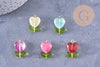 Breloque fleur tulipe coeur verre coloré acier 304 inoxydable doré, x5 (G10657)