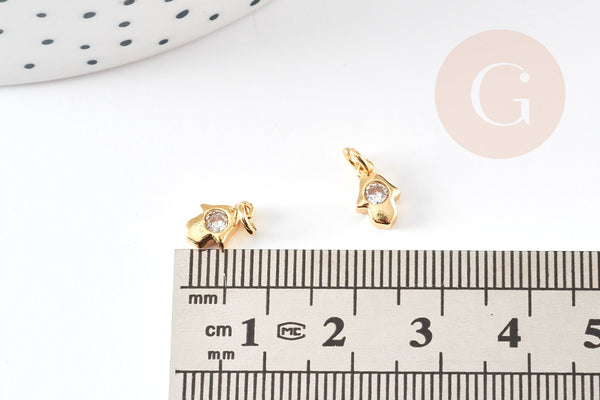 Breloque main fatma laiton doré 18k cristal blanc,création bijoux,pendentif religion, Pendentif zircon,13mm, x1 (G3470)