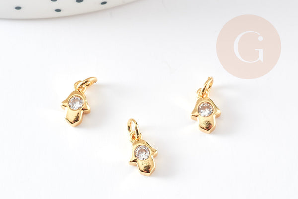 Breloque main fatma laiton doré 18k cristal blanc,création bijoux,pendentif religion, Pendentif zircon,13mm, x1 (G3470)