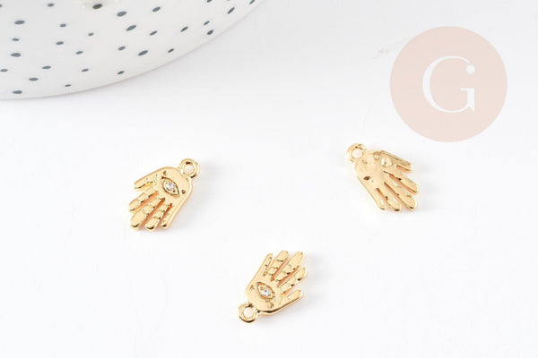 Breloque main oeil protecteur zamac doré 18k cristal zircon 15mm, x1 (G4765)