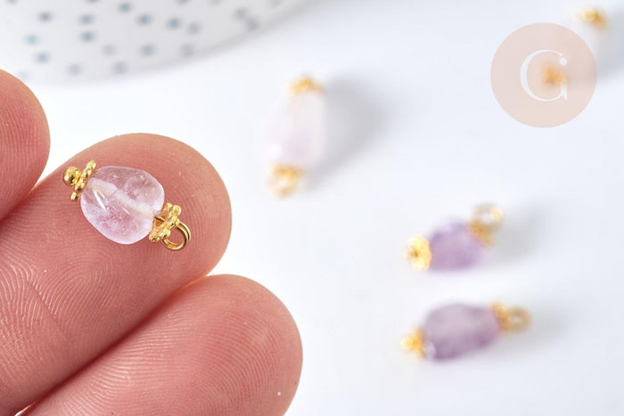 Breloque nuggets jade naturelle violet laiton doré 14~17mm, pendentif bijoux pierre naturelle, x1 (G7588)