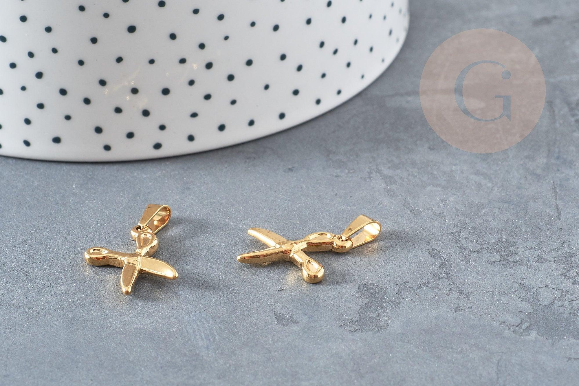 Breloque pendentif ciseaux acier 304 inoxydable doré 20mm,sans nickel, Pendentif acier inoxydable création bijoux couture, x1 G6328