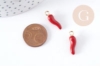 Breloque piment émail rouge zamac doré 21mm, pendentif création bijoux, x5 (G8948)