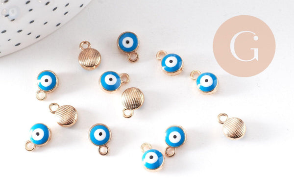 Breloque rond Œil émail turquoise 10mm, x10 (G10520)