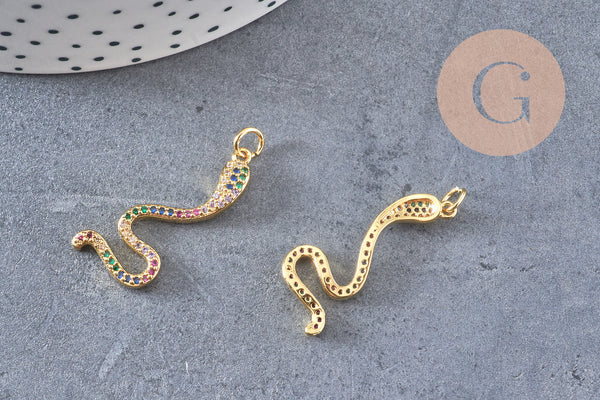 Breloque serpent laiton doré 18k cristal,sans nickel,cadeau anniversaire,pendentif animal, Pendentif zircon,27.5mm, x1 (G2419)