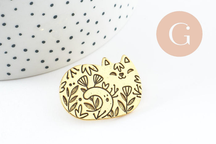 Broche chat gravée acier 304 inoxydable doré 34mm, x1 (G9786)