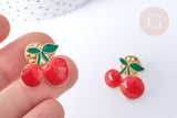 Broche émail cerise rouge et vert zamac doré 23mm, x1 (G7905)