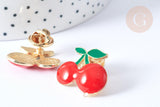 Broche émail cerise rouge et vert zamac doré 23mm, x1 (G7905)