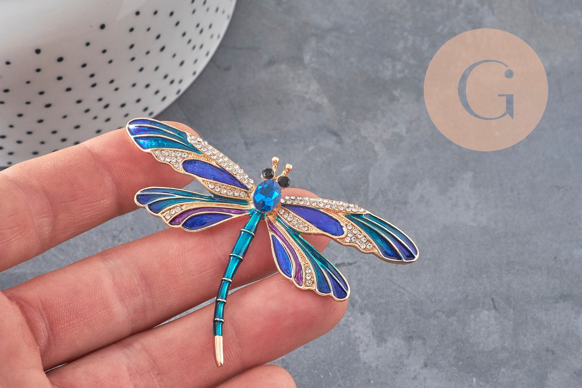 Broche pin's Libellule insecte ailé zamac doré bleu 74x50mm, x1 (G11291)