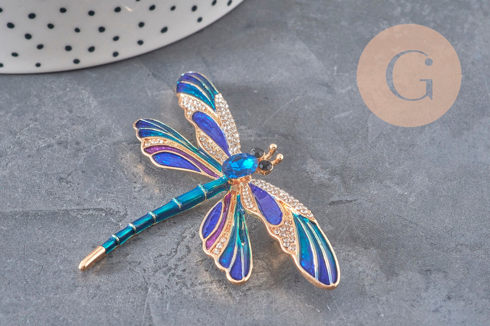 Broche pin's Libellule insecte ailé zamac doré bleu 74x50mm, x1 (G11291)