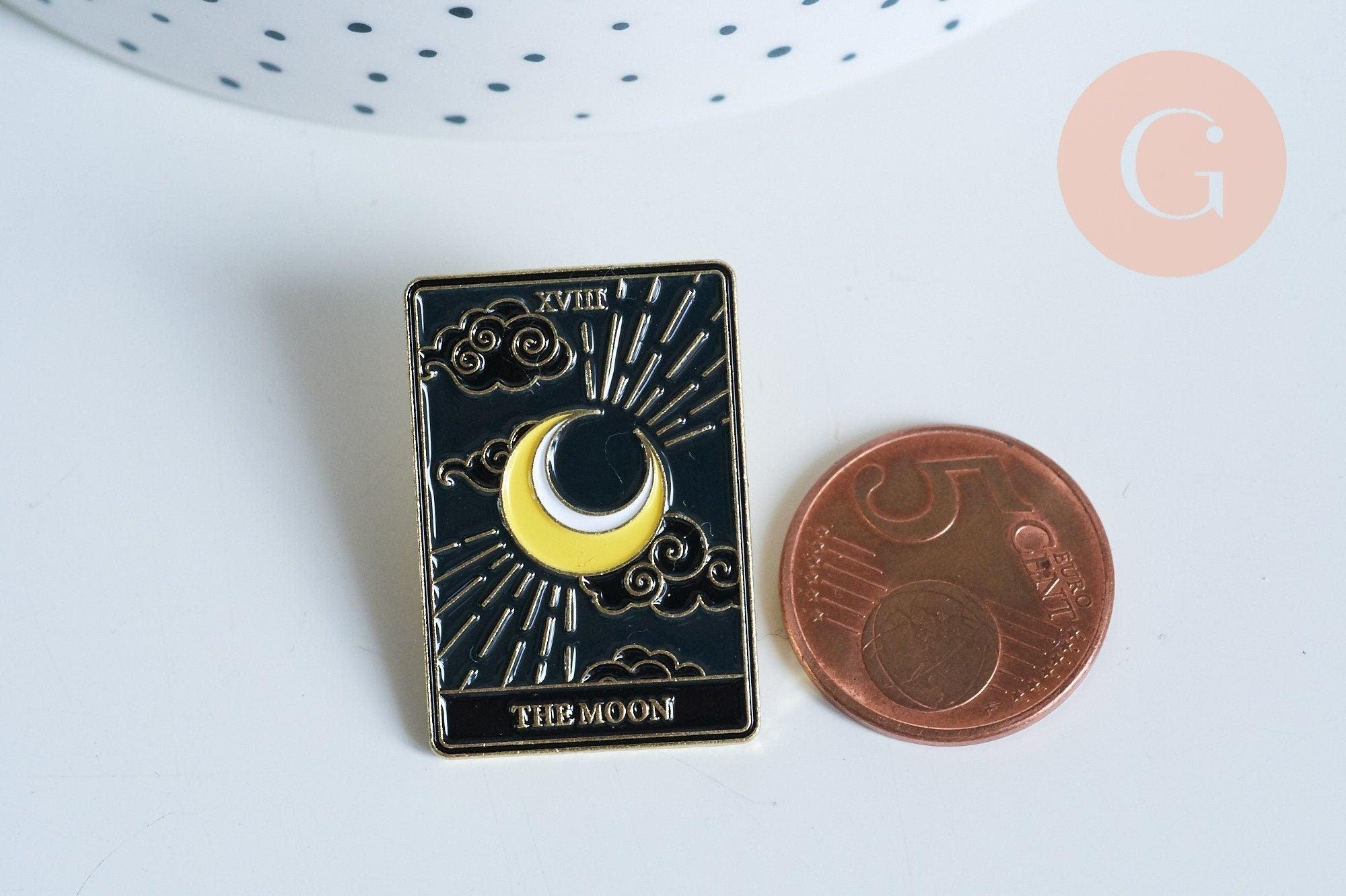 Broche pins carte tarot La lune mystique émail noir doré émail 30.5mm,broche dorée,décoration veste,x1 G6718