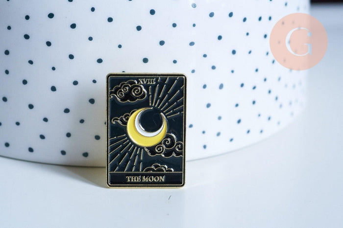 Broche pins carte tarot La lune mystique émail noir doré émail 30.5mm,broche dorée,décoration veste,x1 G6718