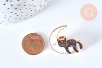 Broche pins chat noir et lune blanche doré émail 30mm,x1 (G6799)