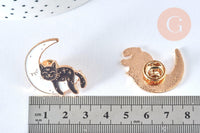 Broche pins chat noir et lune blanche doré émail 30mm,x1 (G6799)