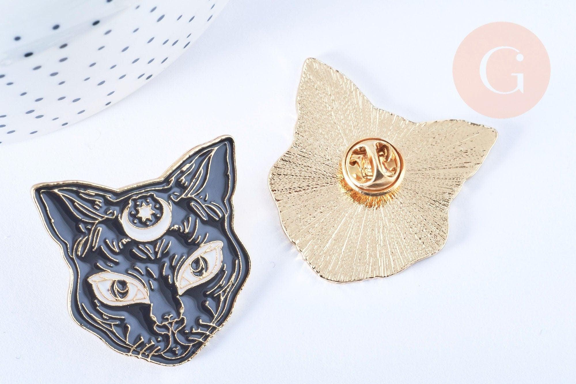 Broche pins chat noir mystique doré émail noir 37.5mm,broche dorée,décoration veste,x1 (G5550)