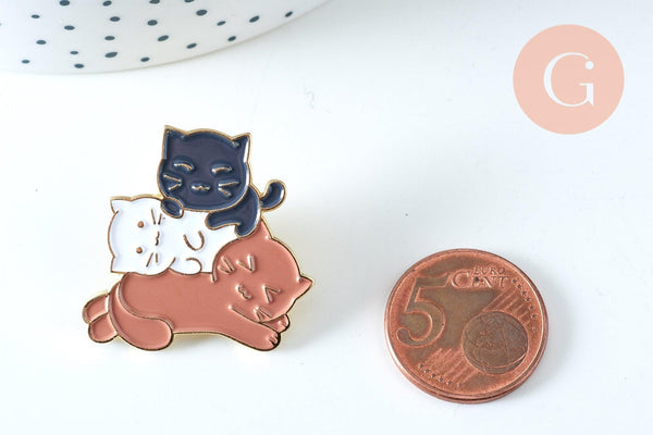 Broche pins chatons noir, blanc, marron doré émail 29x30.5mm,broche dorée, décoration veste,x1 G6320