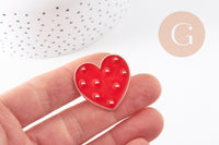 Broche pins coeur laiton doré émaillé rouge à pois 29mm, x1 (G5240)